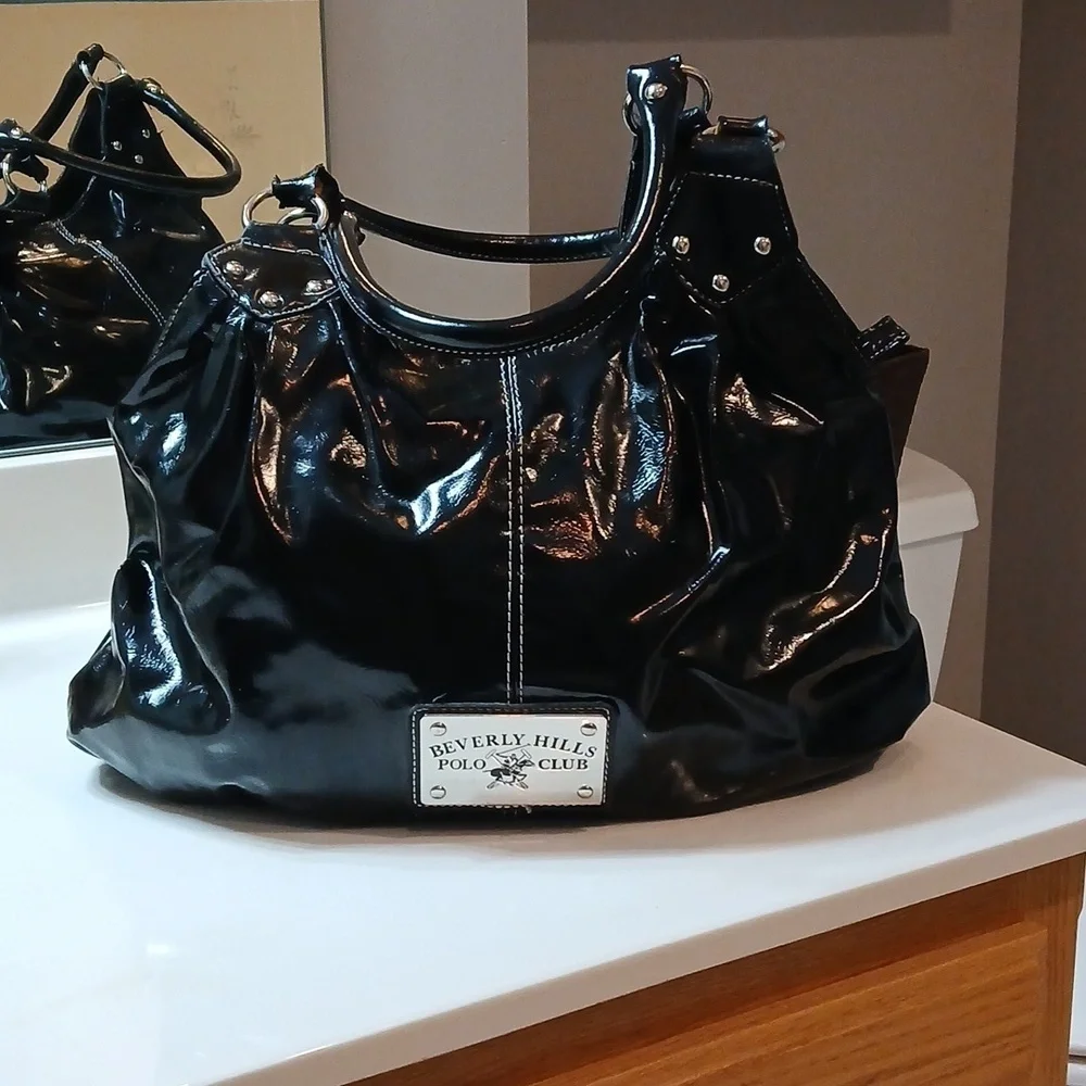 Beverly Hills Polo Club black patent leather shoulder bag. Vintage